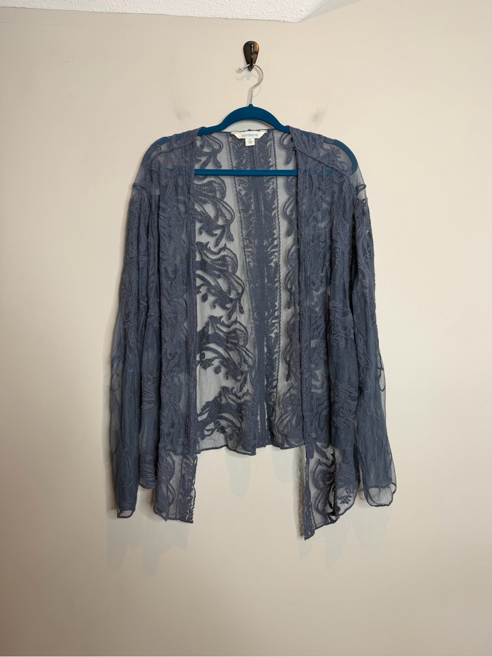 Sundance XL Blue Sheer Embroidered Mesh Lace Waterfall Cardigan Whimsigoth